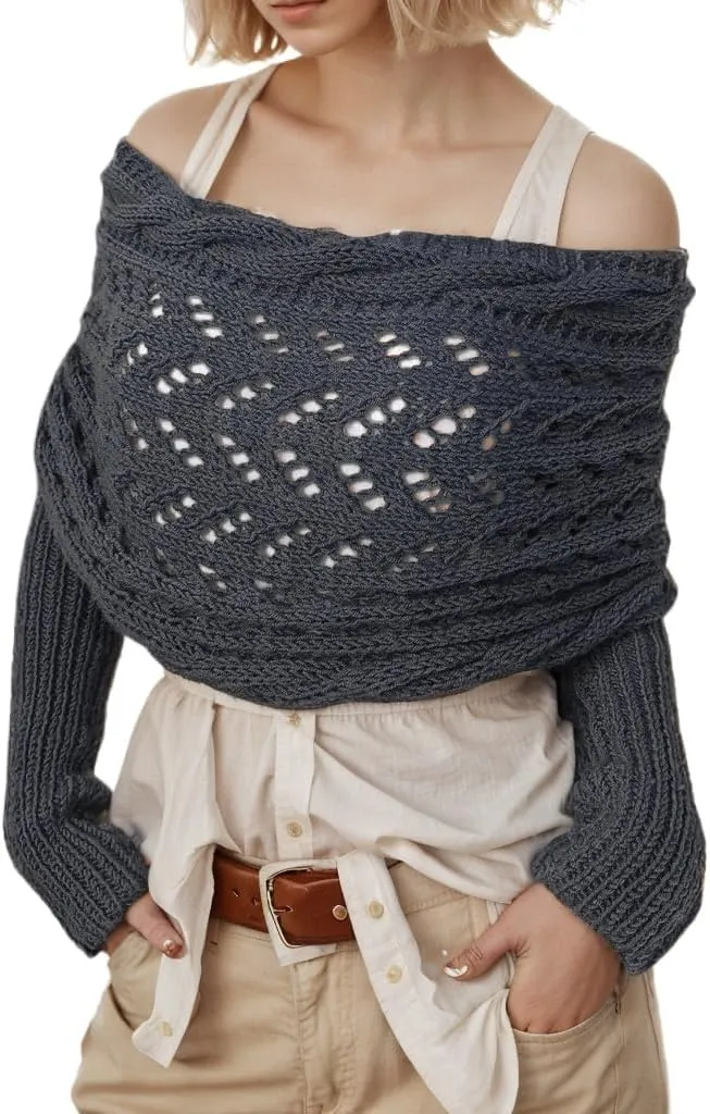 Sweater Scarf with Sleeves for Women Multi-Use Knitted Cable Wrap Shrugs Crochet Fashion Shawl Cape