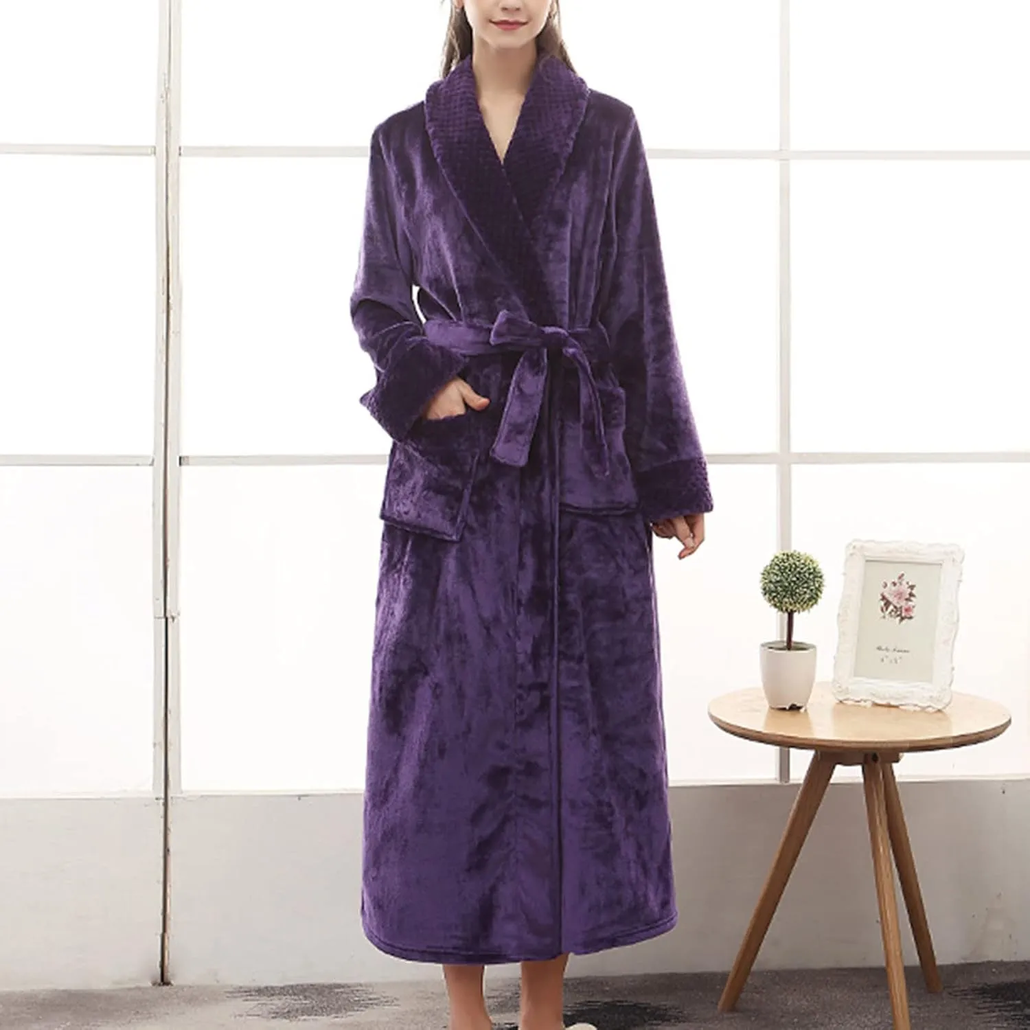 tuduoms Plush Long Robes for Men Women Soft Warm Flannel Fleece Full Length Bathrobe Winter Warm Pajamas Shower Nightgown