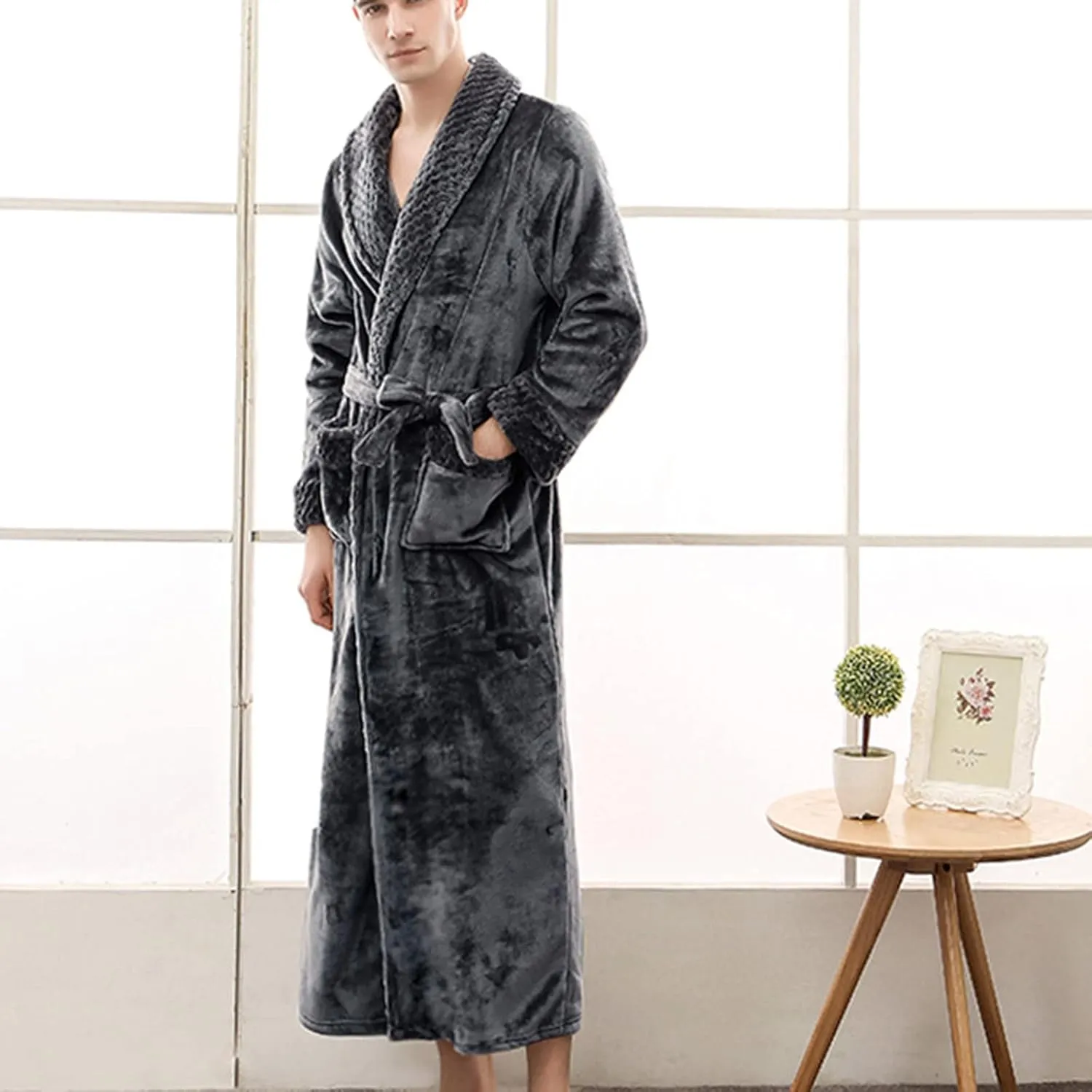tuduoms Plush Long Robes for Men Women Soft Warm Flannel Fleece Full Length Bathrobe Winter Warm Pajamas Shower Nightgown