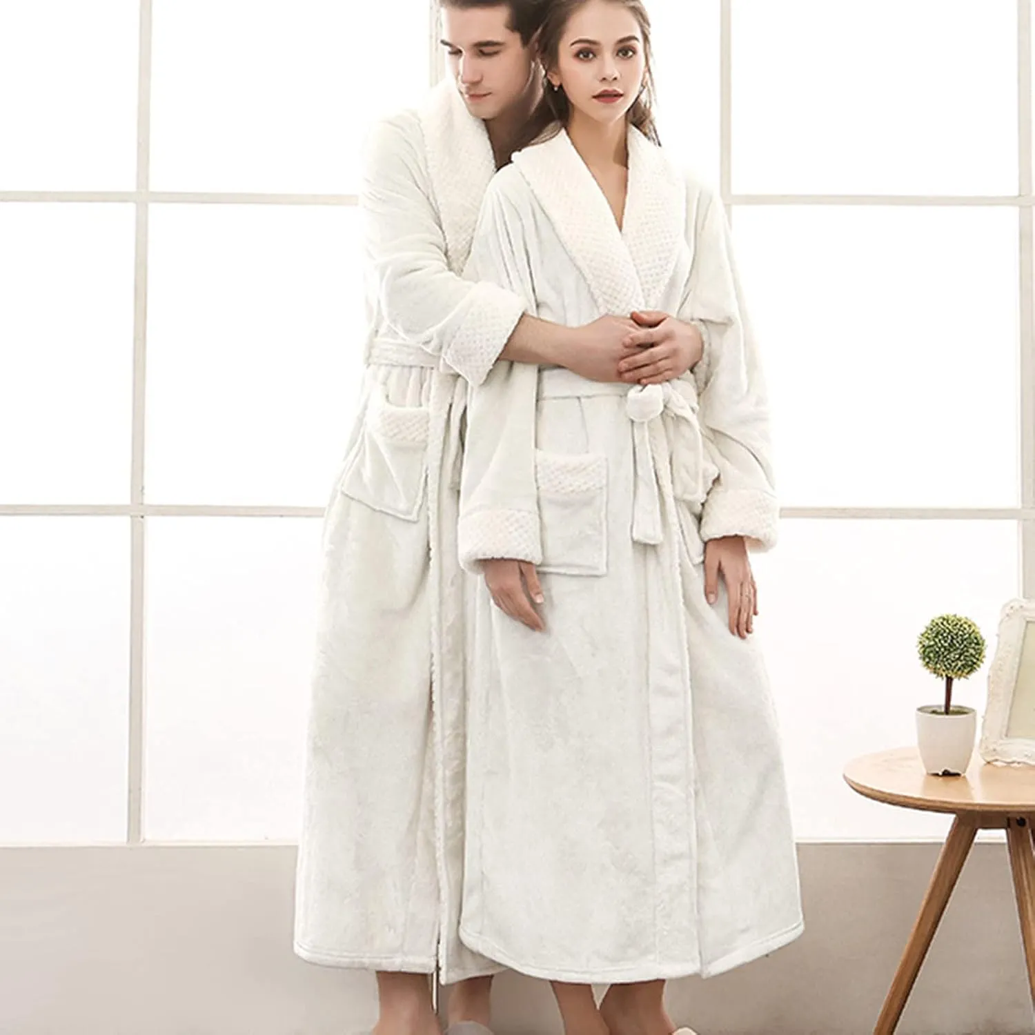 tuduoms Plush Long Robes for Men Women Soft Warm Flannel Fleece Full Length Bathrobe Winter Warm Pajamas Shower Nightgown
