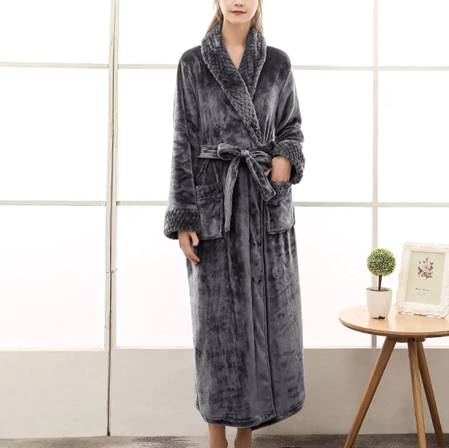 tuduoms Plush Long Robes for Men Women Soft Warm Flannel Fleece Full Length Bathrobe Winter Warm Pajamas Shower Nightgown