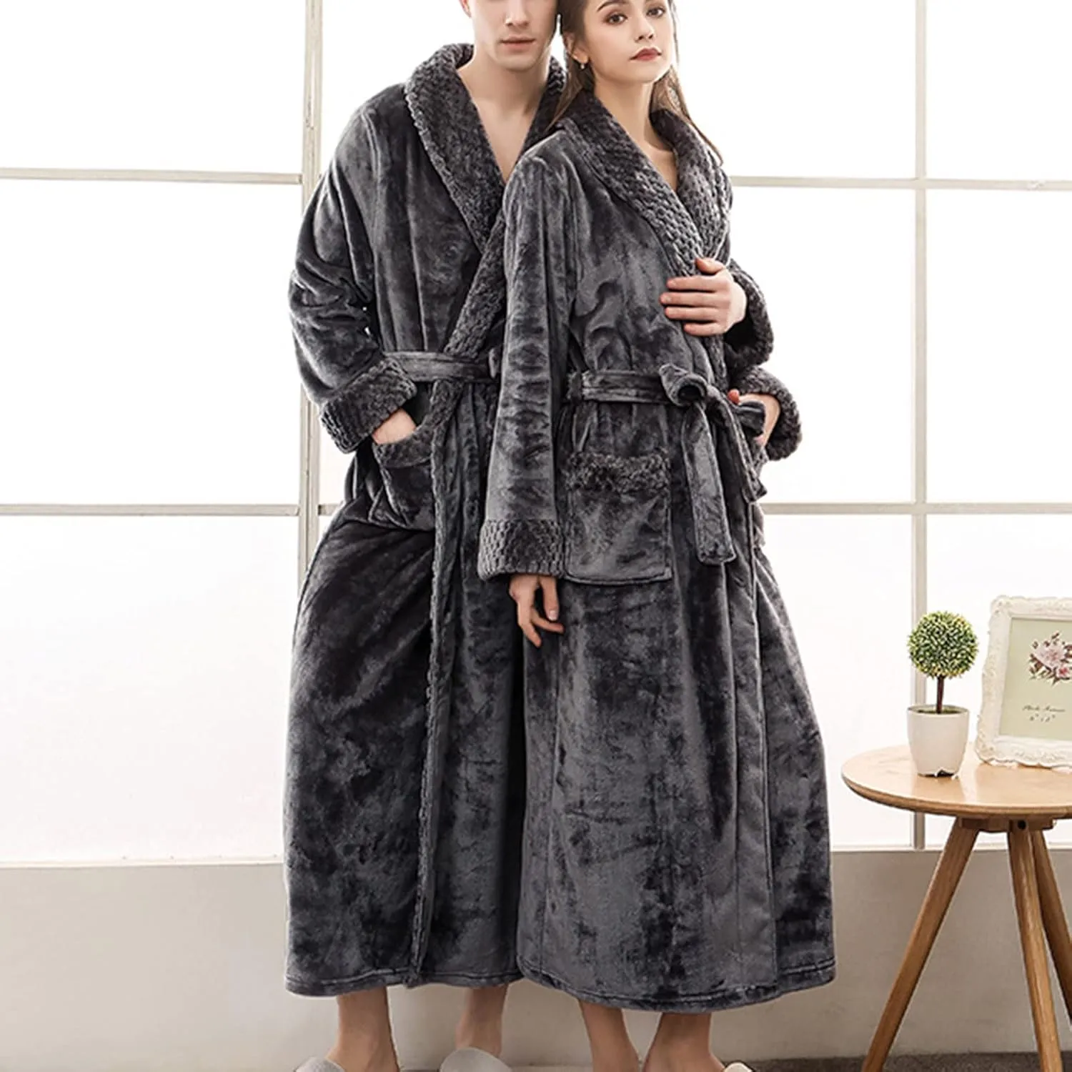 tuduoms Plush Long Robes for Men Women Soft Warm Flannel Fleece Full Length Bathrobe Winter Warm Pajamas Shower Nightgown