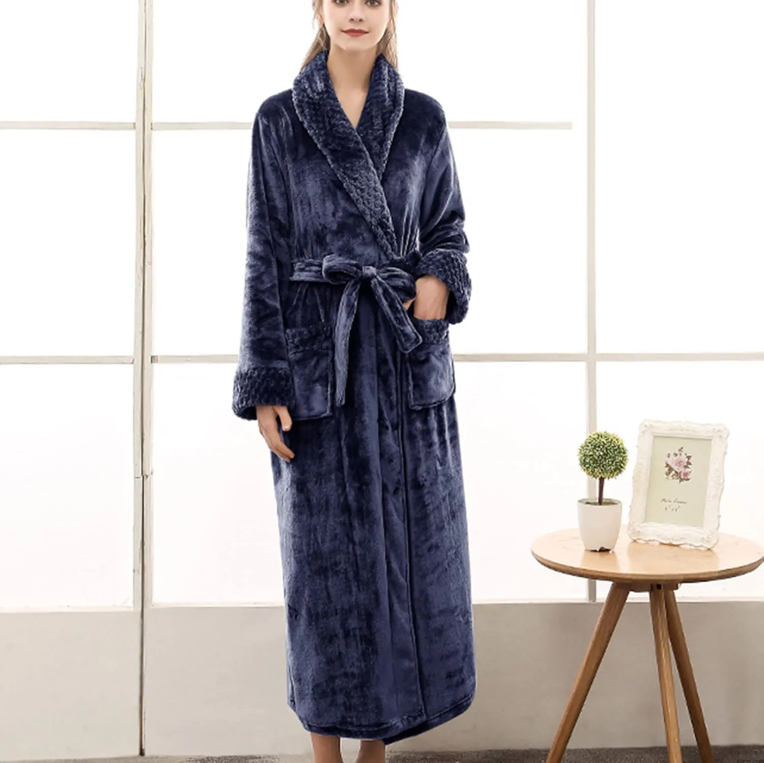 tuduoms Plush Long Robes for Men Women Soft Warm Flannel Fleece Full Length Bathrobe Winter Warm Pajamas Shower Nightgown