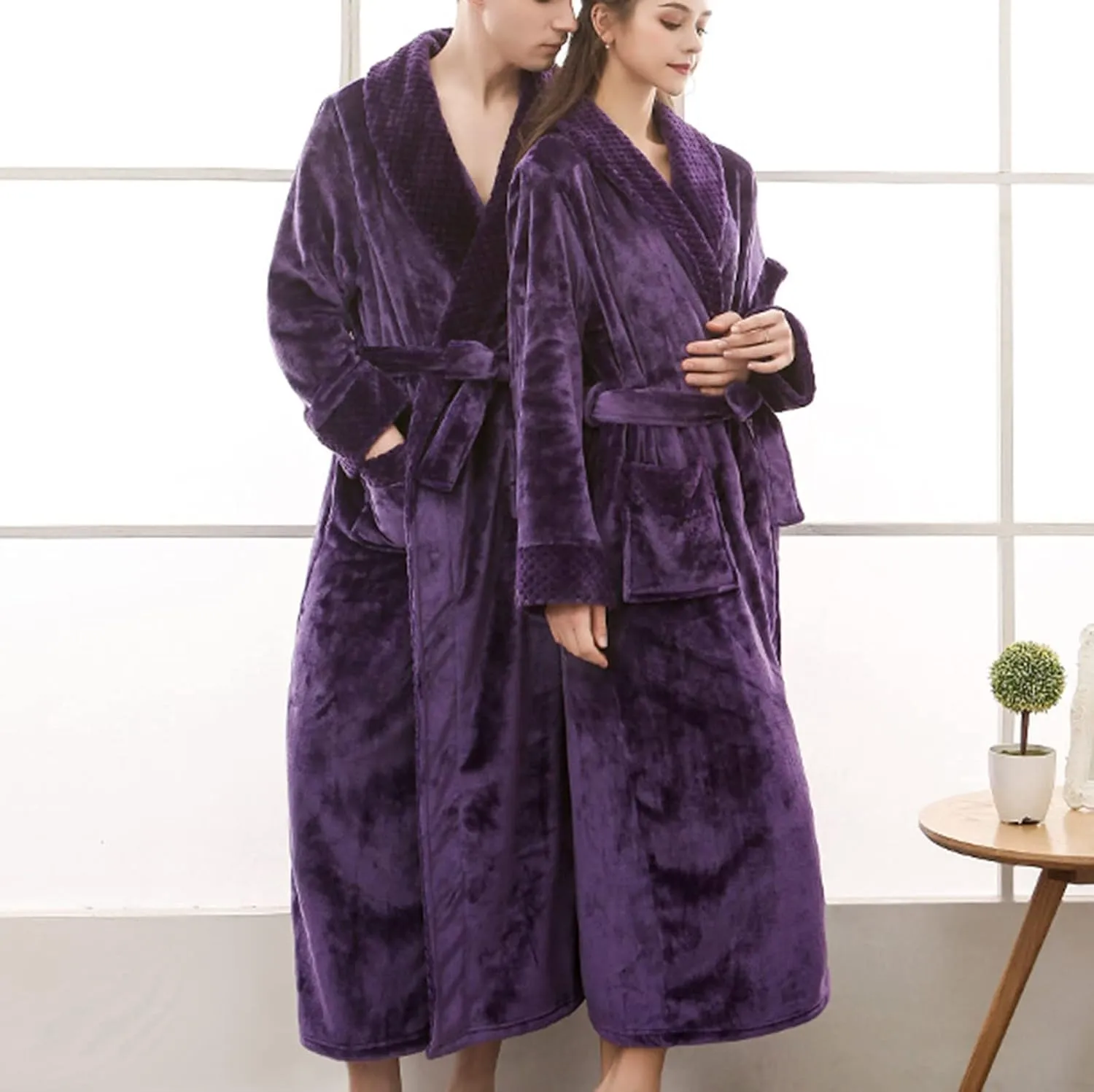 tuduoms Plush Long Robes for Men Women Soft Warm Flannel Fleece Full Length Bathrobe Winter Warm Pajamas Shower Nightgown