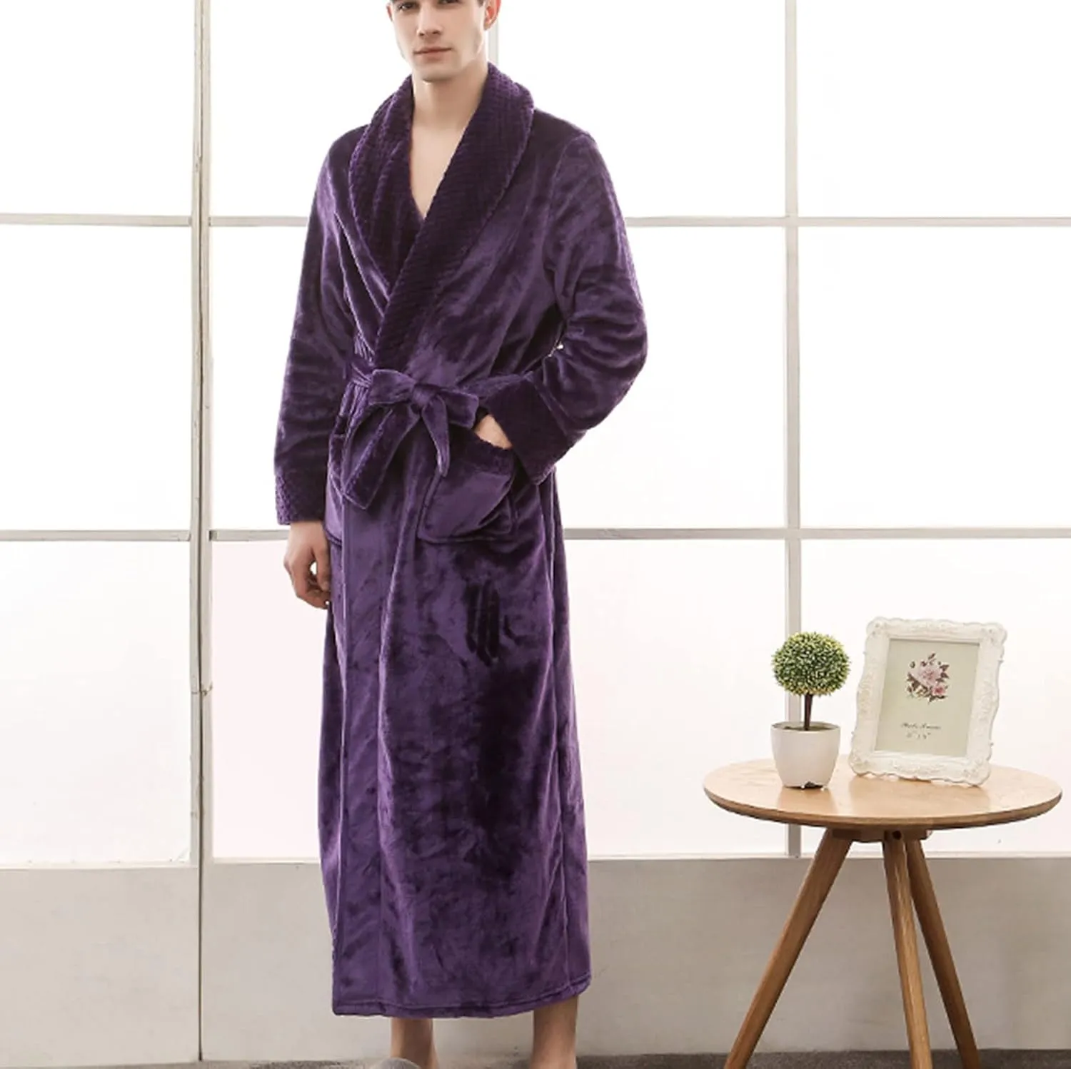 tuduoms Plush Long Robes for Men Women Soft Warm Flannel Fleece Full Length Bathrobe Winter Warm Pajamas Shower Nightgown