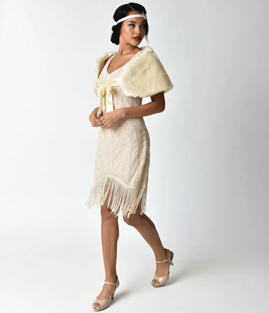 Unique Vintage Ivory Faux Fur Ribbon Tie Shrug