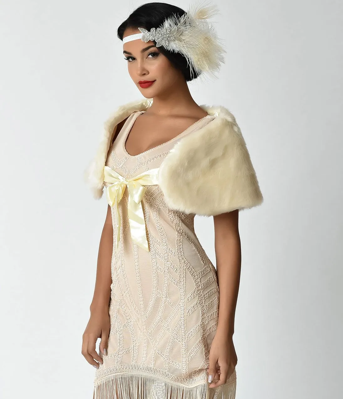 Unique Vintage Ivory Faux Fur Ribbon Tie Shrug