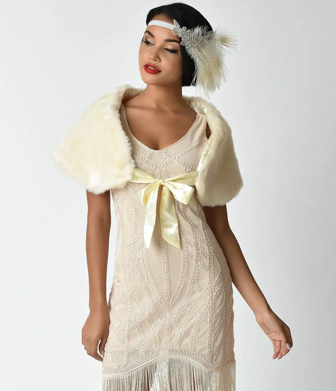 Unique Vintage Ivory Faux Fur Ribbon Tie Shrug