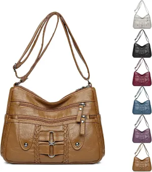 Vintage Soft PU Leather Bag for Women,Large Capacity Simple Fashionable Multi-layer Shoulder Crossbody Package