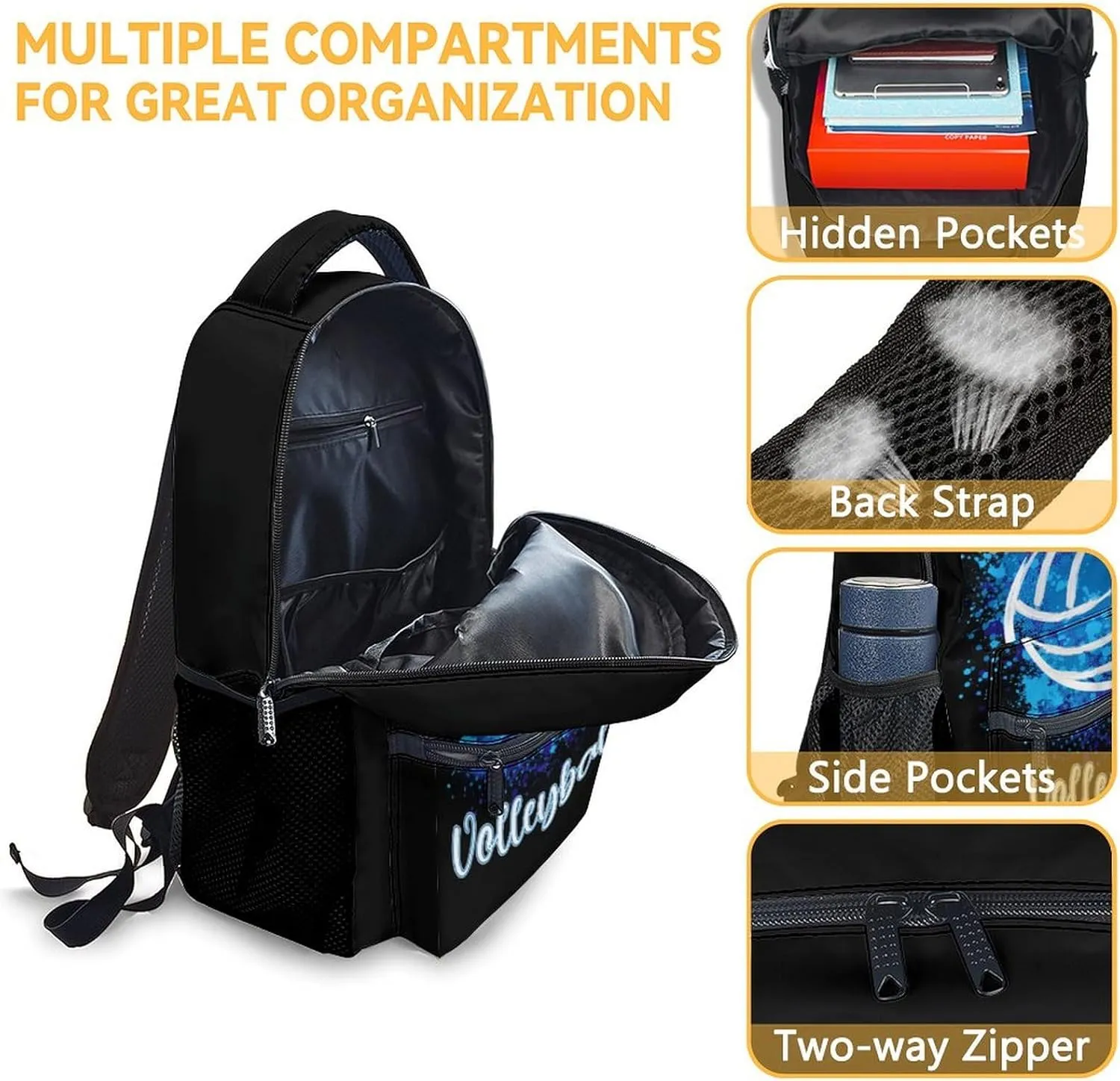 Volleyball Backpack with Lunch Box and Pencil Case Set, 3 in 1 Matching Kids Black Backpacks Combo, Cool Bookbag and Pencil Case Bundle