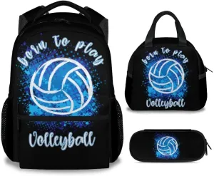 Volleyball Backpack with Lunch Box and Pencil Case Set, 3 in 1 Matching Kids Black Backpacks Combo, Cool Bookbag and Pencil Case Bundle
