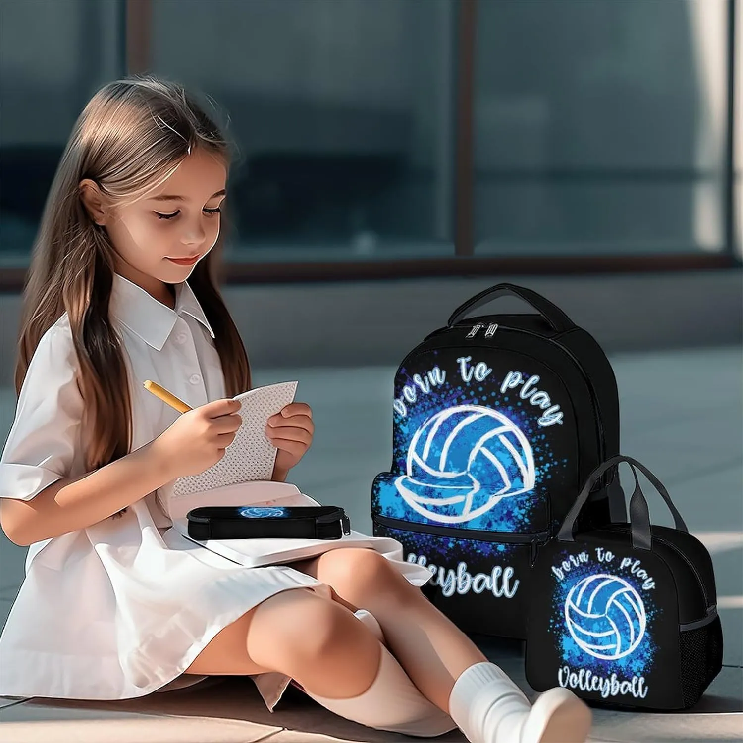 Volleyball Backpack with Lunch Box and Pencil Case Set, 3 in 1 Matching Kids Black Backpacks Combo, Cool Bookbag and Pencil Case Bundle