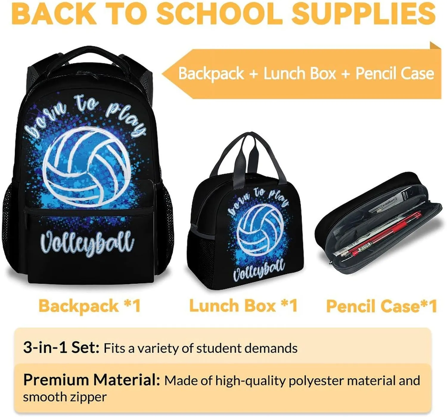 Volleyball Backpack with Lunch Box and Pencil Case Set, 3 in 1 Matching Kids Black Backpacks Combo, Cool Bookbag and Pencil Case Bundle