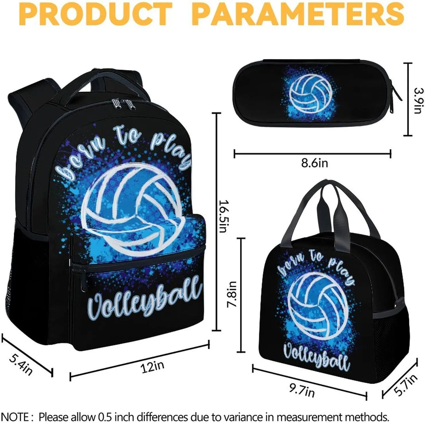 Volleyball Backpack with Lunch Box and Pencil Case Set, 3 in 1 Matching Kids Black Backpacks Combo, Cool Bookbag and Pencil Case Bundle