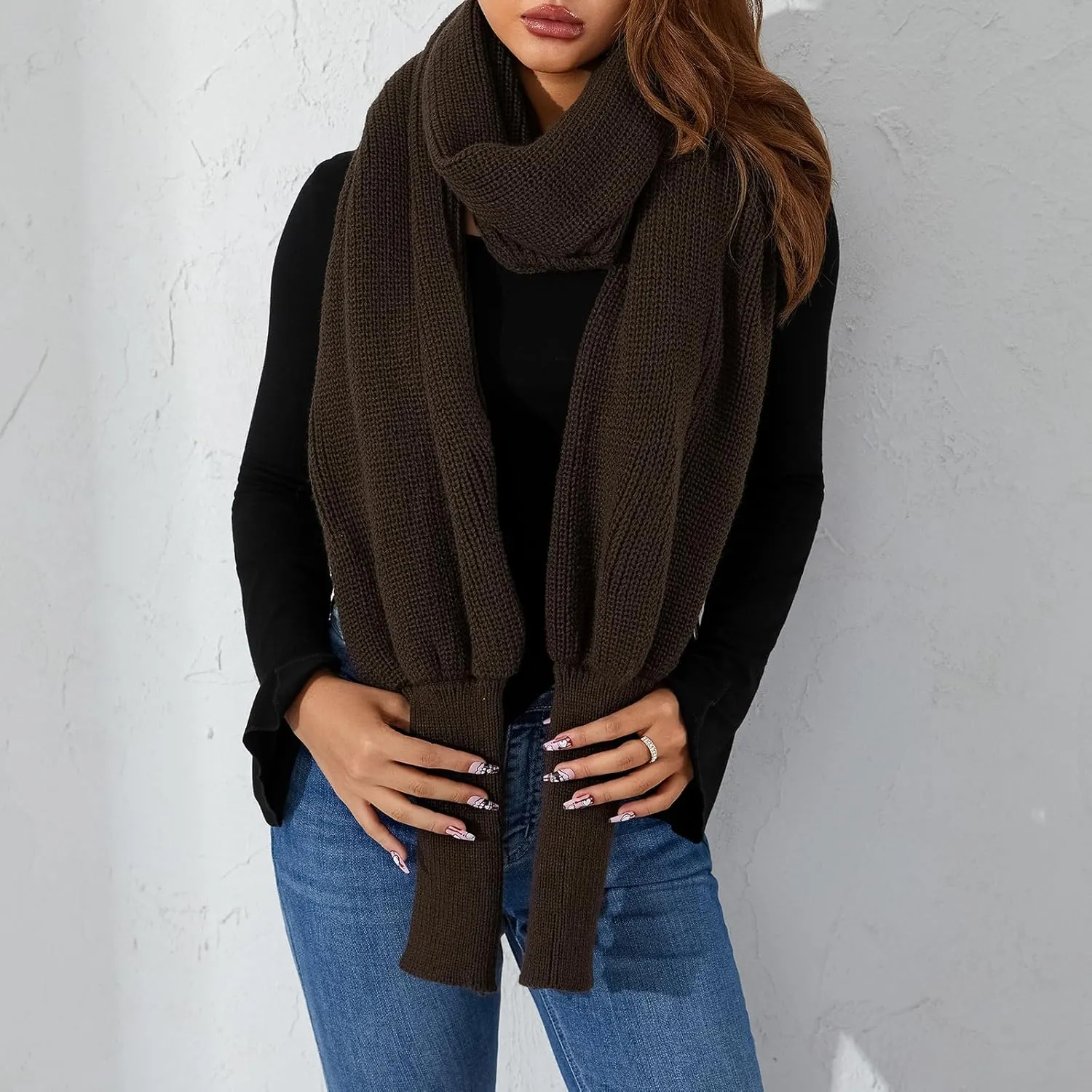 Women Autumn Winter Scarf Wrap Sweater Multi-Use Knitted wrap scarf with sleeves