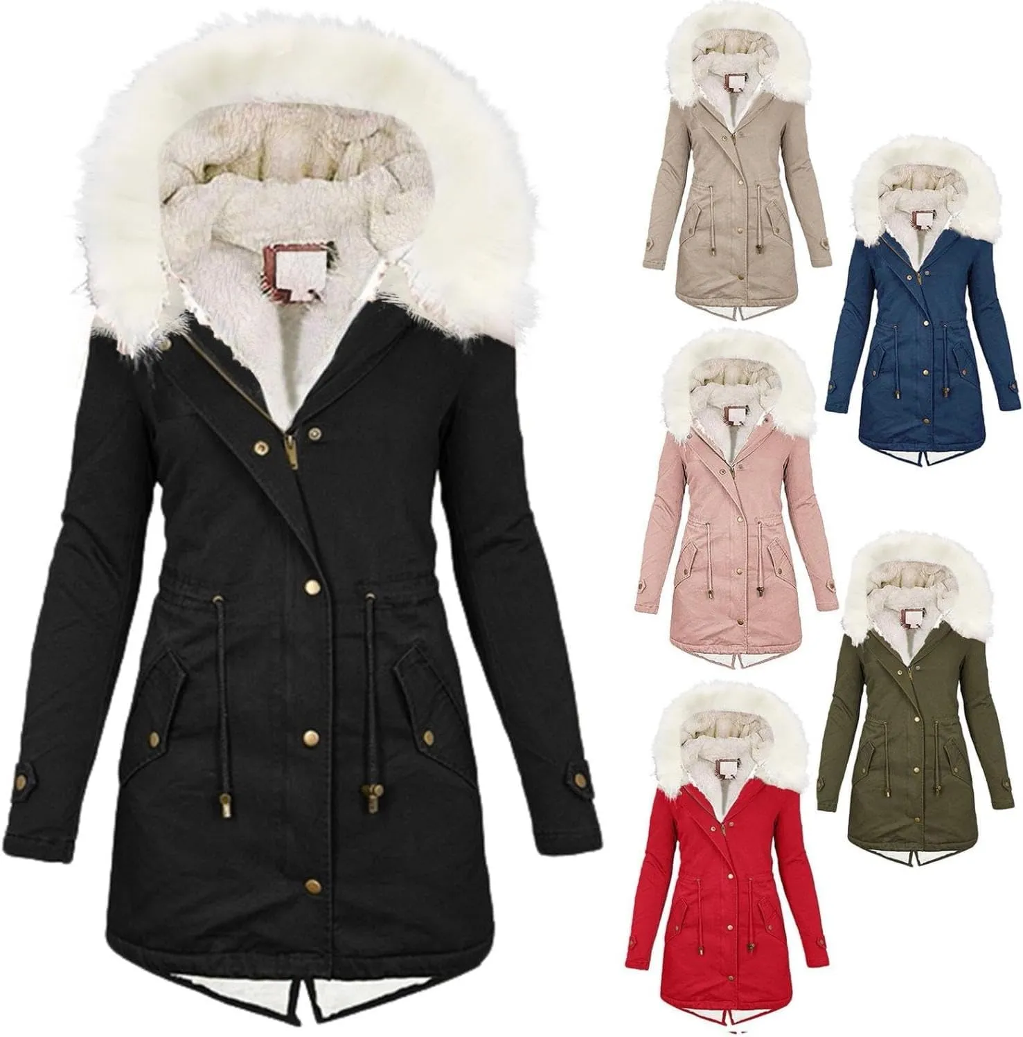 Womens Winter Coats Fleece Thicken Overcoats Warm Trench Coat Furry Windbreaker Warm Cotton Jacket Hood Outerwear