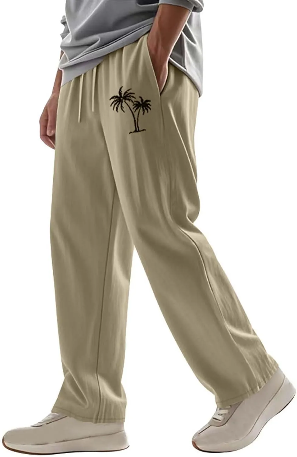 Xiaojmake Mens Cotton Linen Pants Elastic Waist Drawstring Straight Casual Yoga Pant Summer Loose Fit Hawaiian Beach Trouser