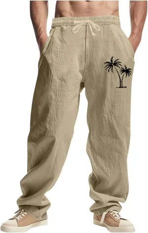 Xiaojmake Mens Cotton Linen Pants Elastic Waist Drawstring Straight Casual Yoga Pant Summer Loose Fit Hawaiian Beach Trouser