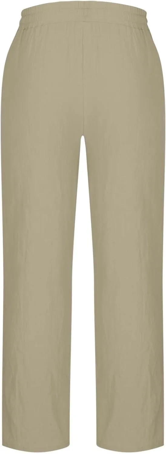 Xiaojmake Mens Cotton Linen Pants Elastic Waist Drawstring Straight Casual Yoga Pant Summer Loose Fit Hawaiian Beach Trouser