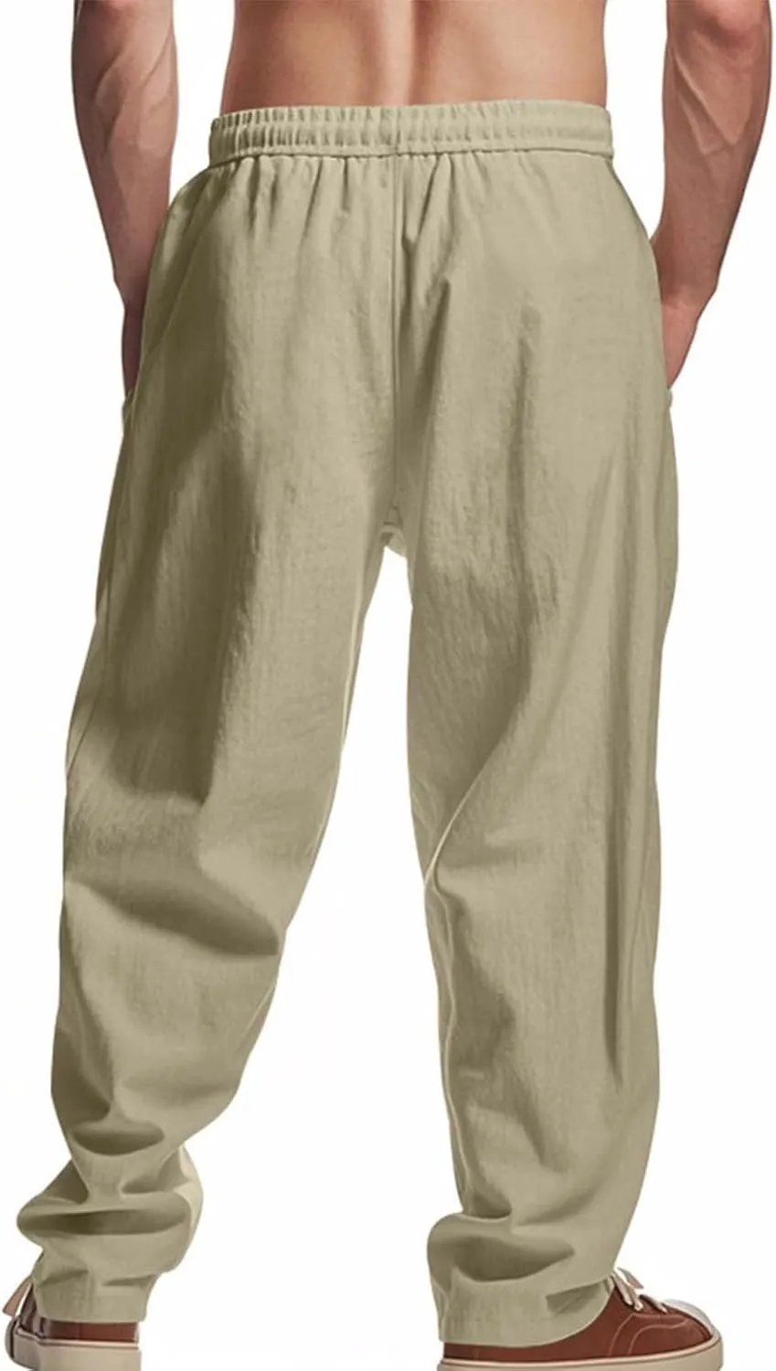 Xiaojmake Mens Cotton Linen Pants Elastic Waist Drawstring Straight Casual Yoga Pant Summer Loose Fit Hawaiian Beach Trouser