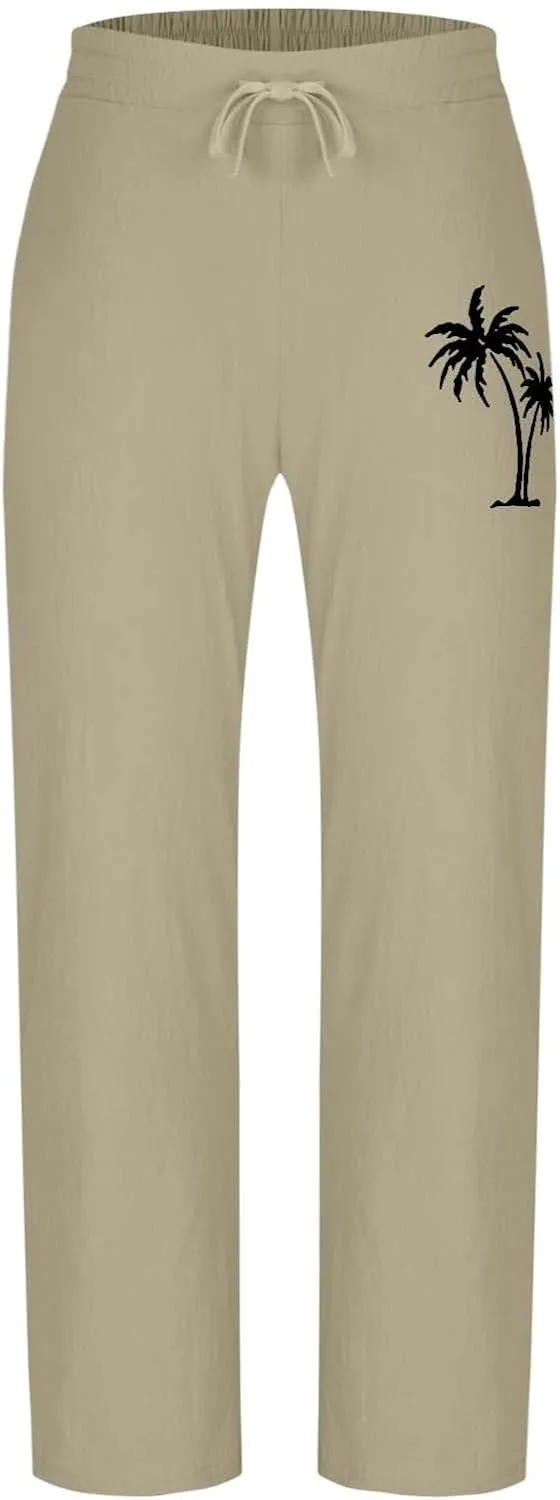 Xiaojmake Mens Cotton Linen Pants Elastic Waist Drawstring Straight Casual Yoga Pant Summer Loose Fit Hawaiian Beach Trouser