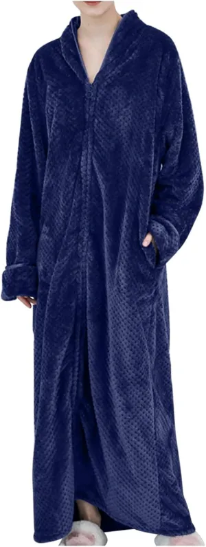 XUNRYAN Women's Zip Up Flannel Fleece Robe Soft Warm Plush Oversized Bathrobe with Pockets Loungewear Winter Warm Outfit