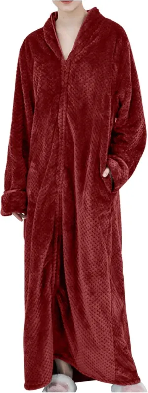 XUNRYAN Women's Zip Up Flannel Fleece Robe Soft Warm Plush Oversized Bathrobe with Pockets Loungewear Winter Warm Outfit