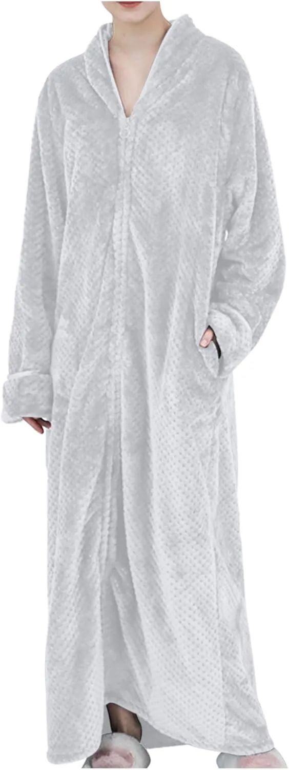 XUNRYAN Women's Zip Up Flannel Fleece Robe Soft Warm Plush Oversized Bathrobe with Pockets Loungewear Winter Warm Outfit