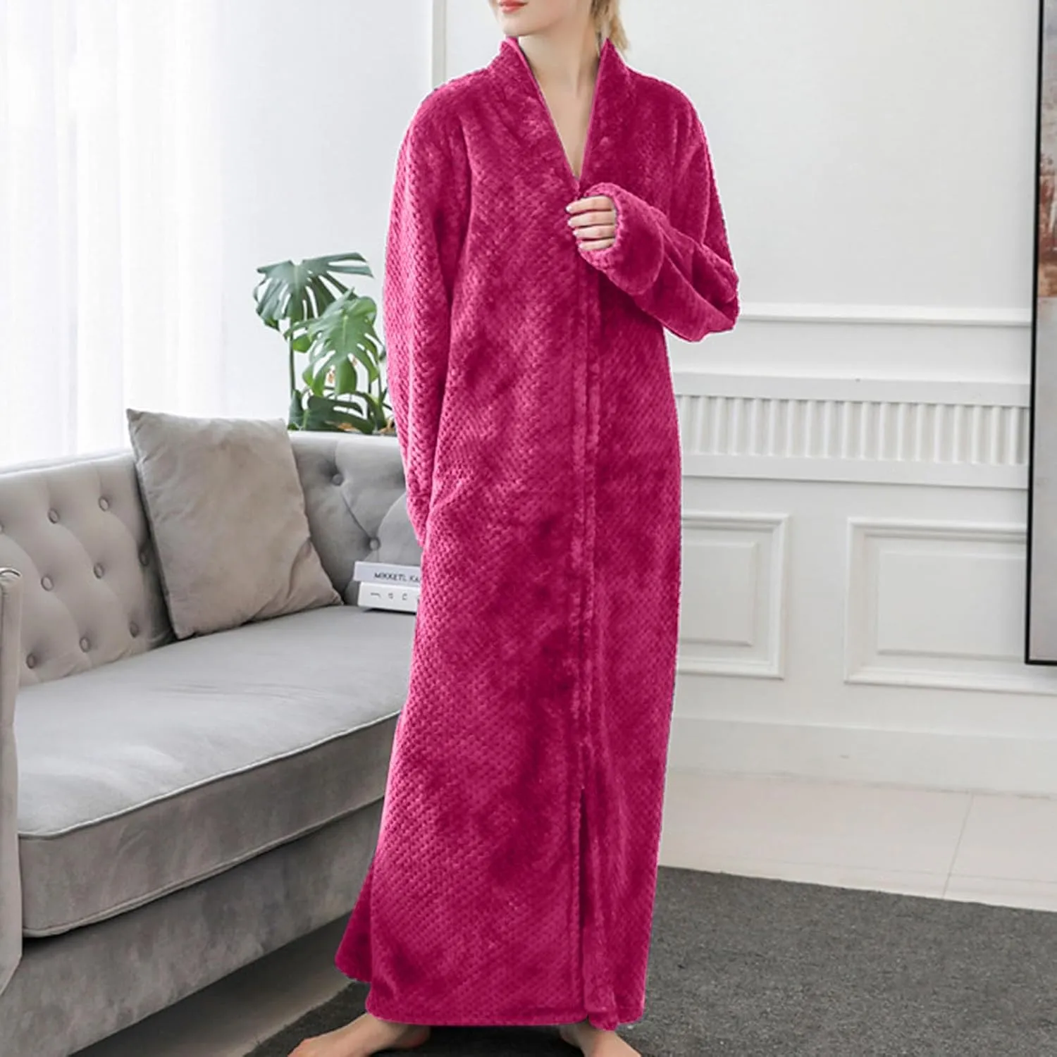 XUNRYAN Women's Zip Up Flannel Fleece Robe Soft Warm Plush Oversized Bathrobe with Pockets Loungewear Winter Warm Outfit