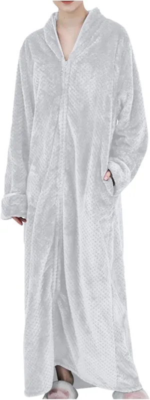 XUNRYAN Women's Zip Up Flannel Fleece Robe Soft Warm Plush Oversized Bathrobe with Pockets Loungewear Winter Warm Outfit