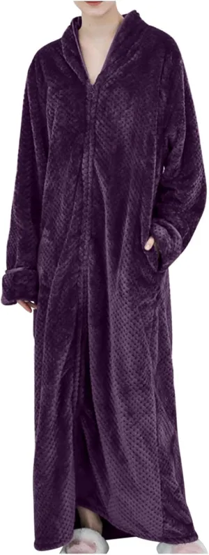 XUNRYAN Women's Zip Up Flannel Fleece Robe Soft Warm Plush Oversized Bathrobe with Pockets Loungewear Winter Warm Outfit