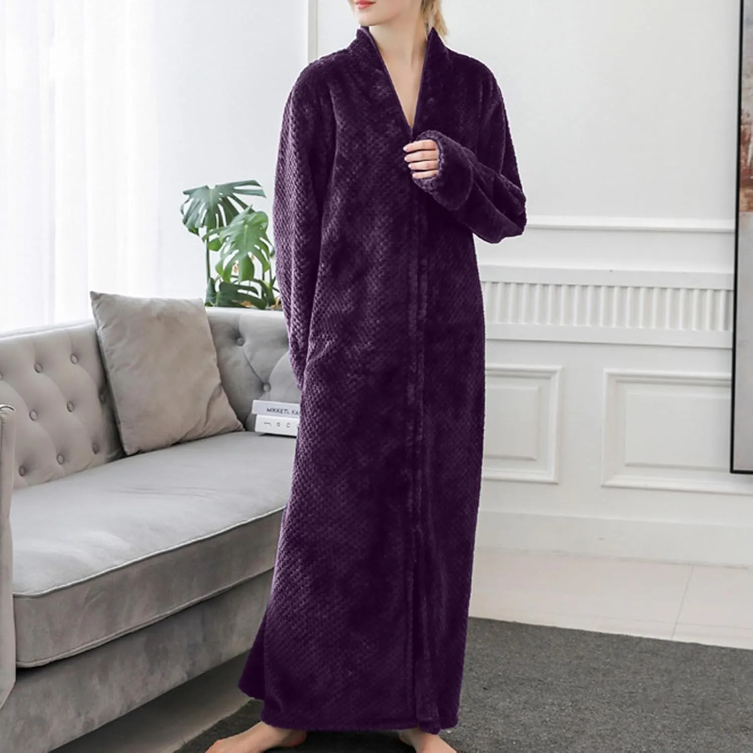 XUNRYAN Women's Zip Up Flannel Fleece Robe Soft Warm Plush Oversized Bathrobe with Pockets Loungewear Winter Warm Outfit