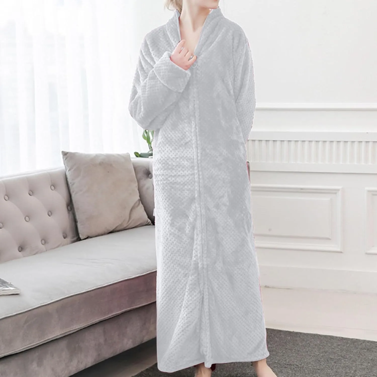 XUNRYAN Women's Zip Up Flannel Fleece Robe Soft Warm Plush Oversized Bathrobe with Pockets Loungewear Winter Warm Outfit