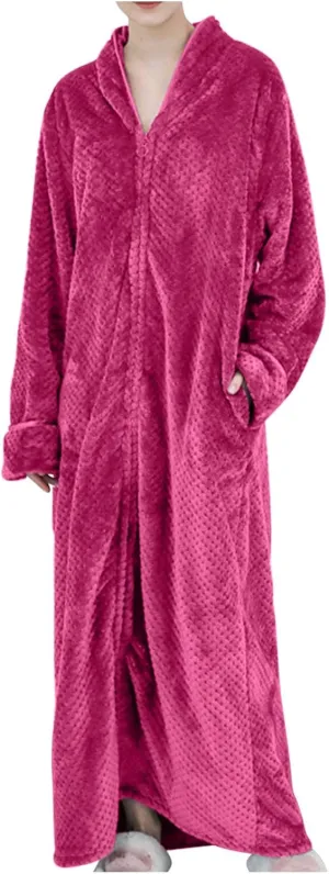 XUNRYAN Women's Zip Up Flannel Fleece Robe Soft Warm Plush Oversized Bathrobe with Pockets Loungewear Winter Warm Outfit