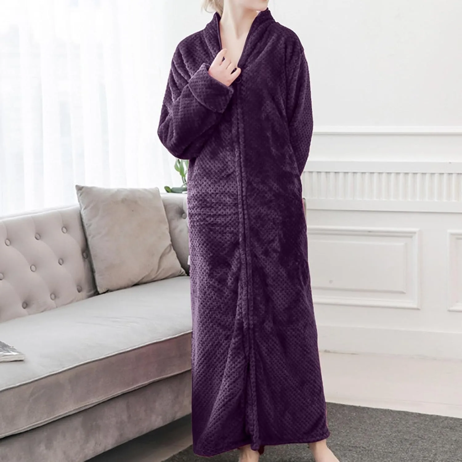 XUNRYAN Women's Zip Up Flannel Fleece Robe Soft Warm Plush Oversized Bathrobe with Pockets Loungewear Winter Warm Outfit