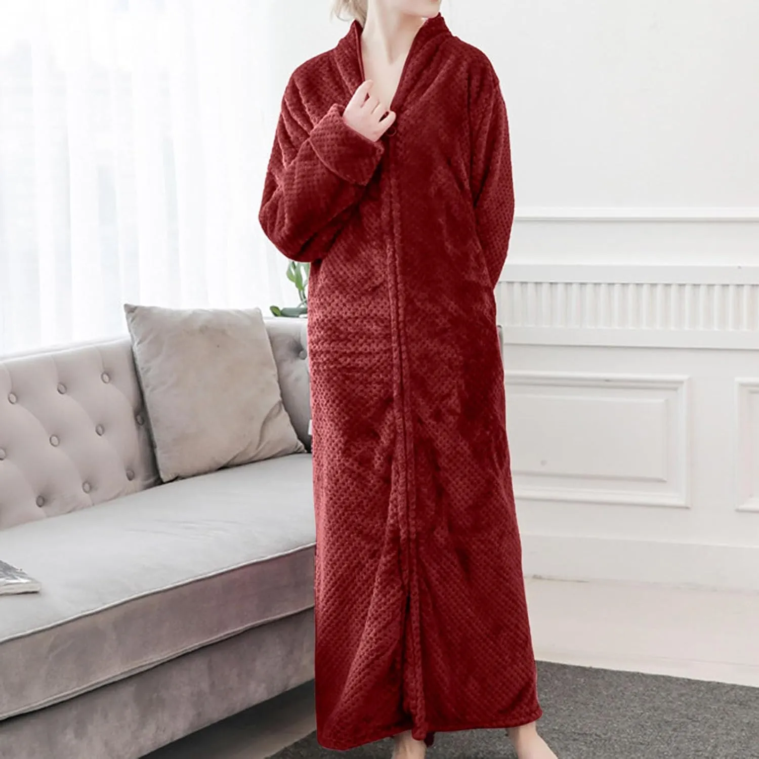 XUNRYAN Women's Zip Up Flannel Fleece Robe Soft Warm Plush Oversized Bathrobe with Pockets Loungewear Winter Warm Outfit