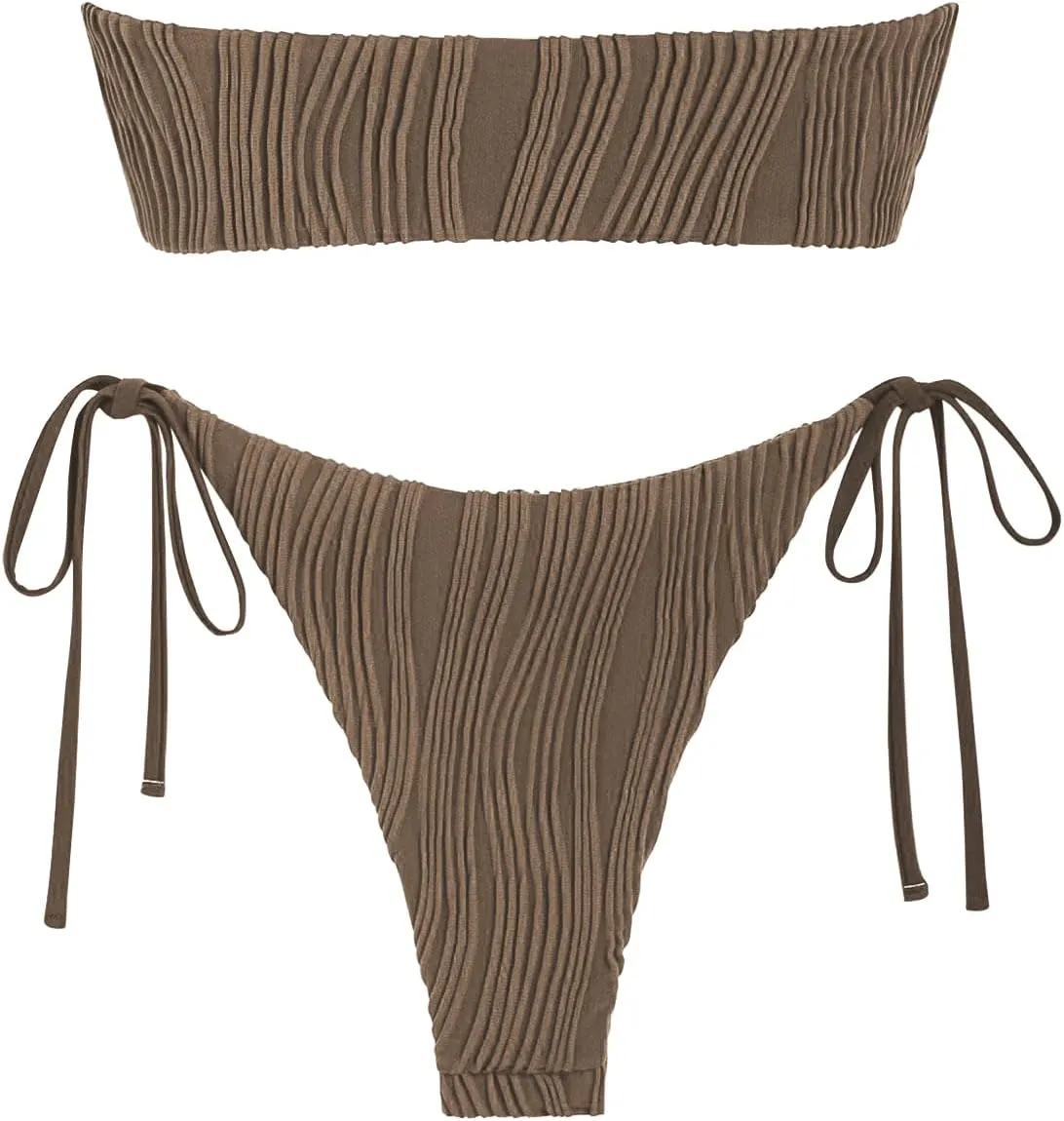ZAFUL Women's Bandeau Bikini Set O Ring Strapless Swimsuit Tie Side Swimwear Halter Two Piece Bathing Suit