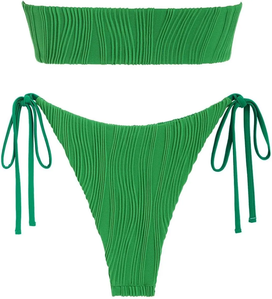 ZAFUL Women's Bandeau Bikini Set O Ring Strapless Swimsuit Tie Side Swimwear Halter Two Piece Bathing Suit